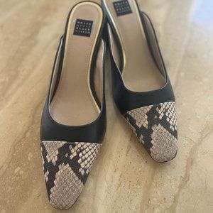 White House Black Market │Black Beige Snake Print Block Mule Heels